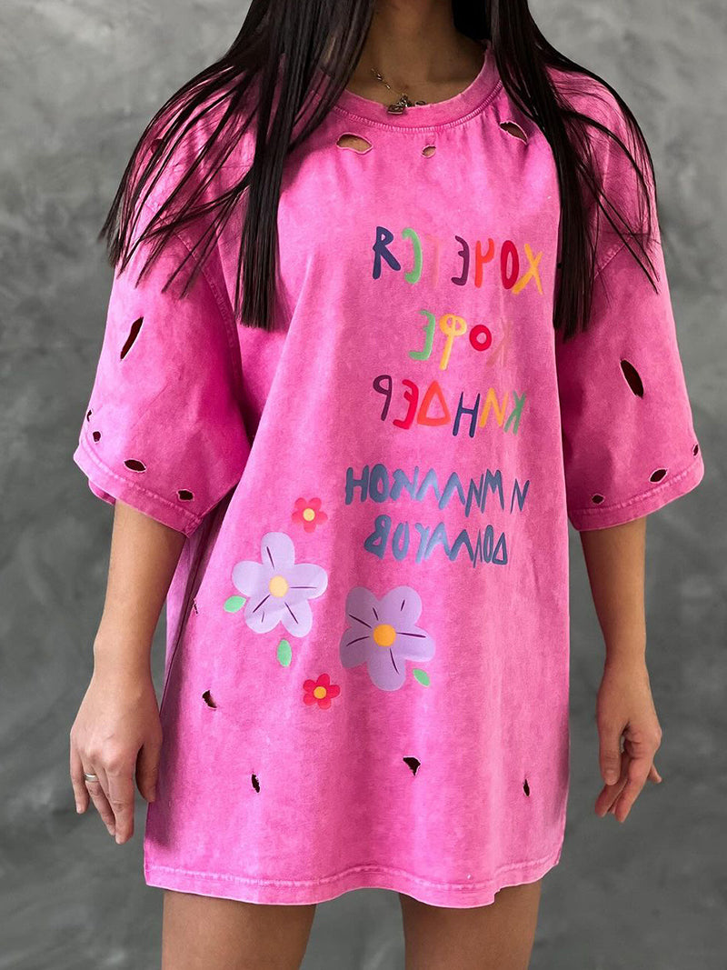 Distressed Floral Print Tee