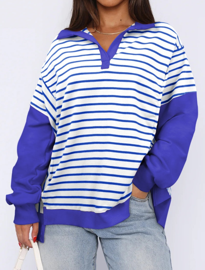 Striped Oversized Pullover with V-Neck