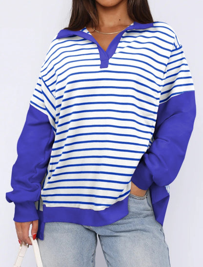 Striped Oversized Pullover with V-Neck