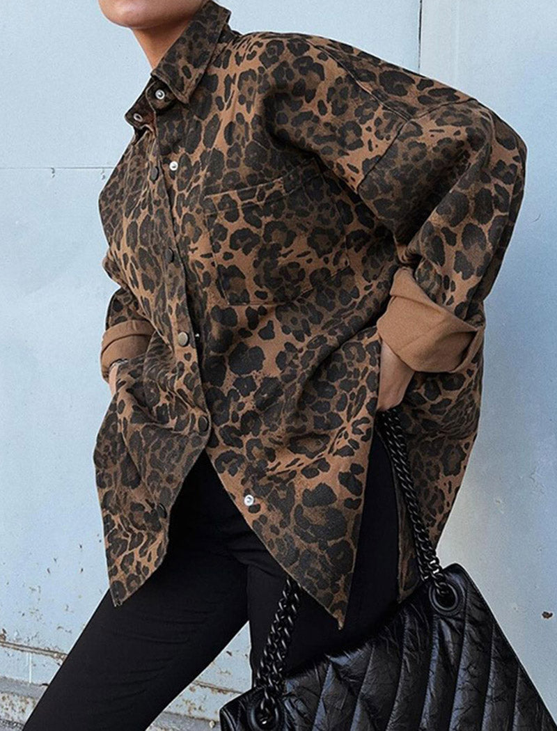 Oversized Leopard Print Button-Up Shirt