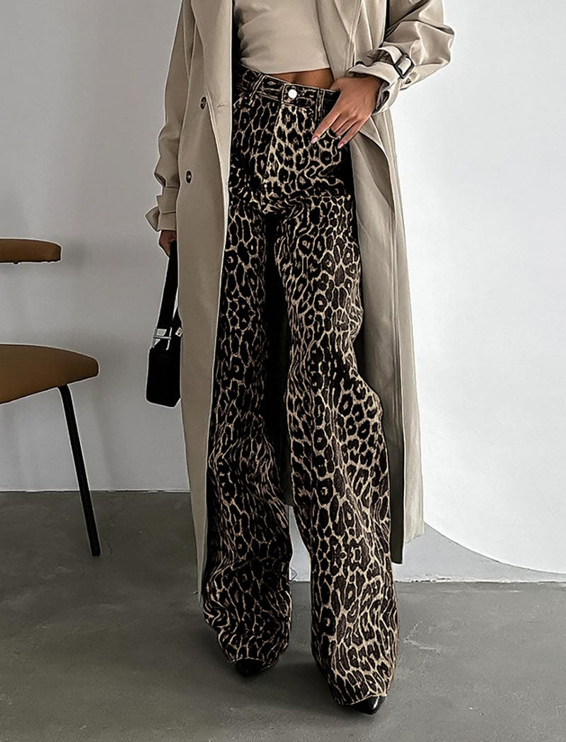 Leopard Print Flared Wide-Leg Pants