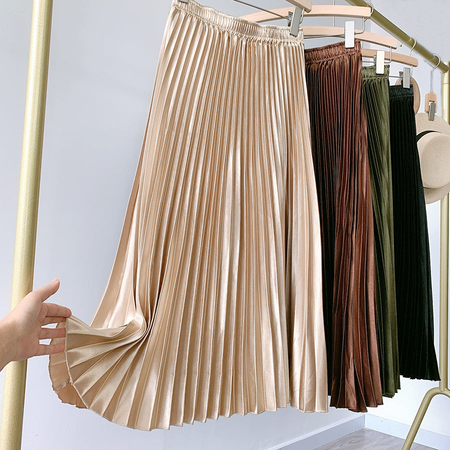 Pleated Metallic A-Line Midi Skirt