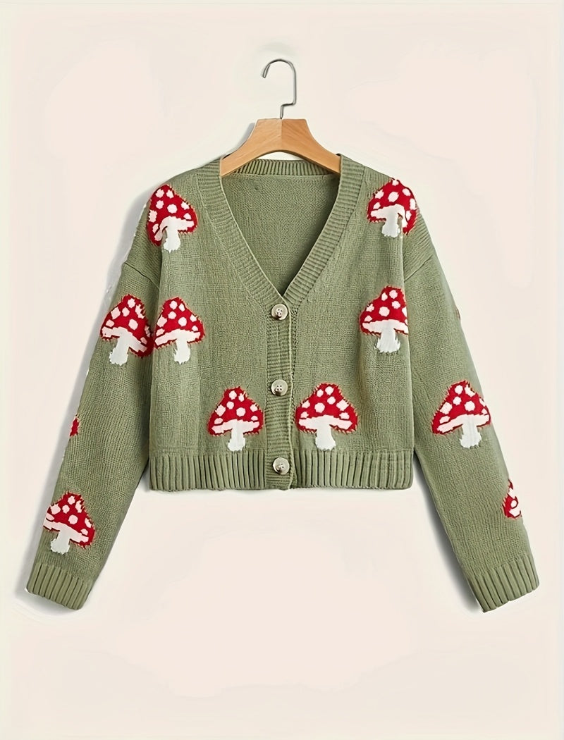 Button-Up Cardigan with Mushroom Patterns