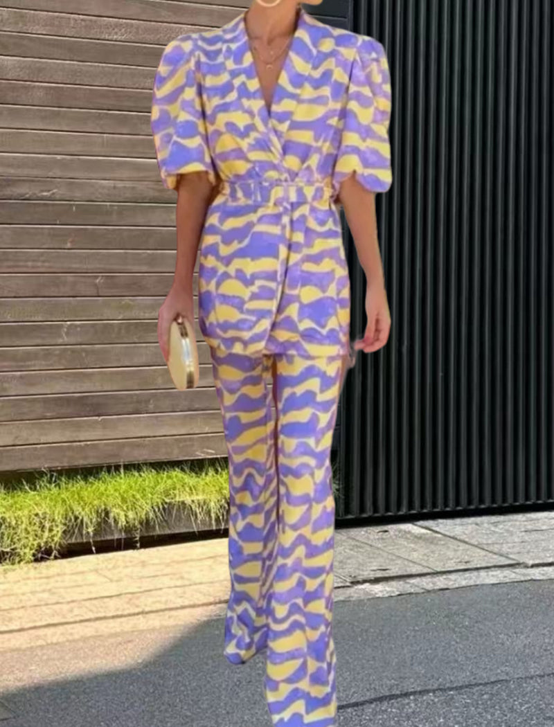 Puffed Sleeve Belted Pantsuit