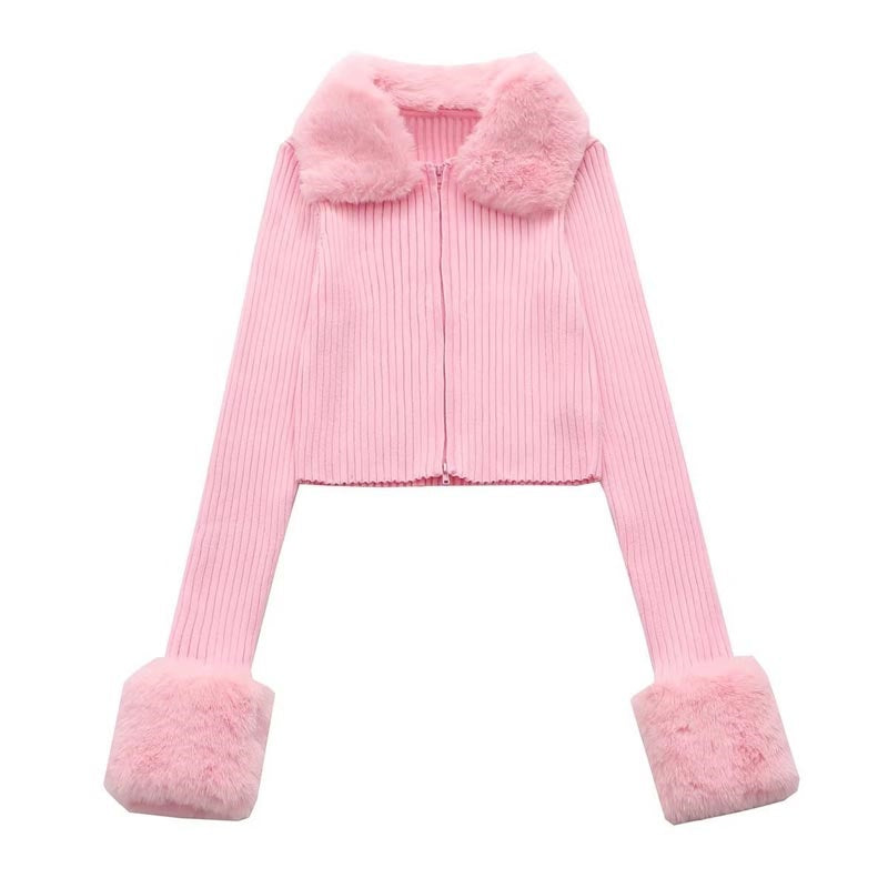 Fur-Trimmed Ribbed Cropped Jacket