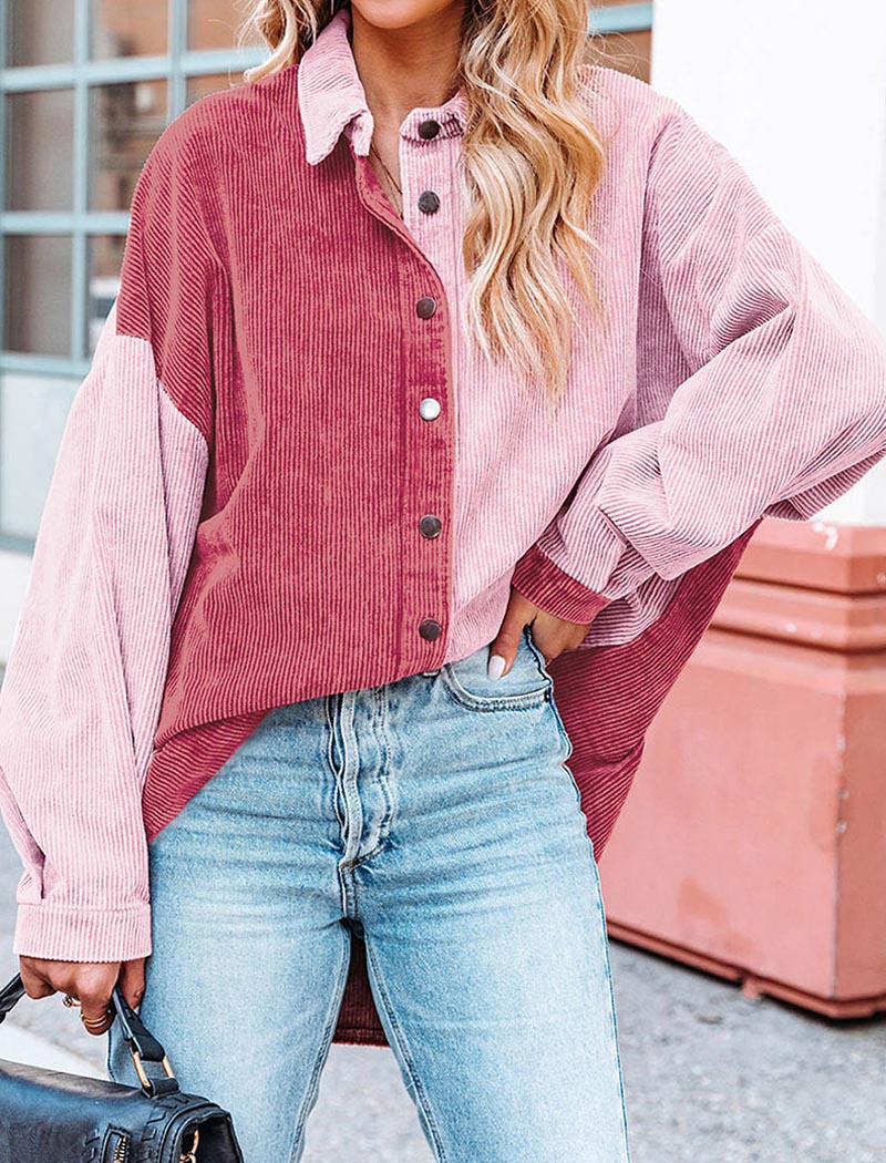 Color Block Corduroy Button-Up Shirt