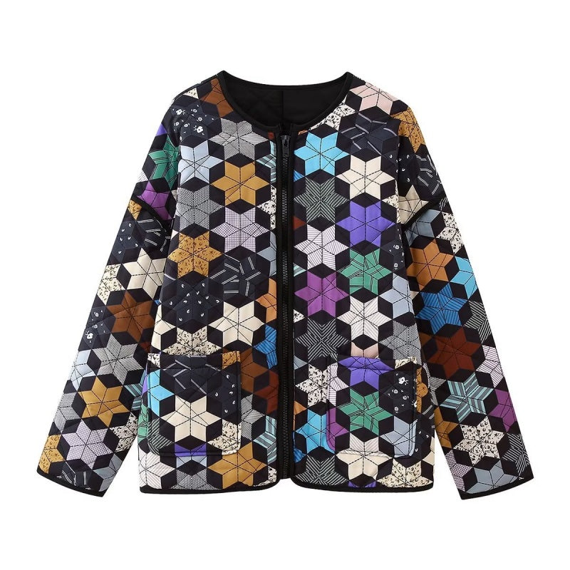 Geometric Quilted Zip-Up Jacket