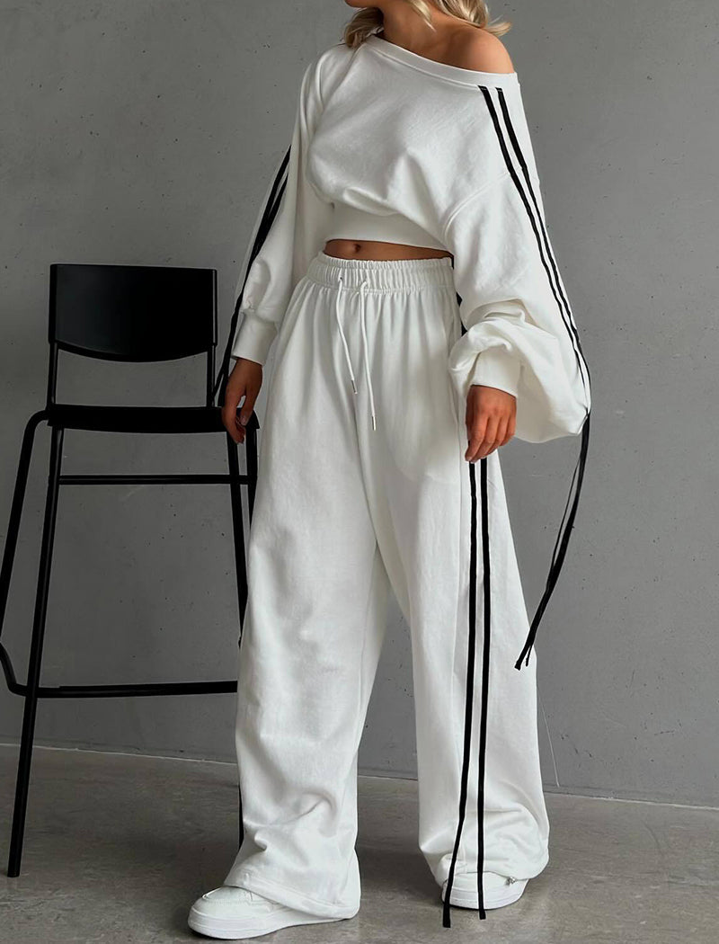 Color-Blocked Drawstring Waist Off-Shoulder Hoodie and Pants Set