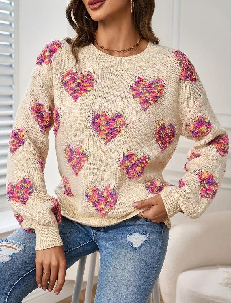Relaxed Fit Sweater with Colorful Heart Print