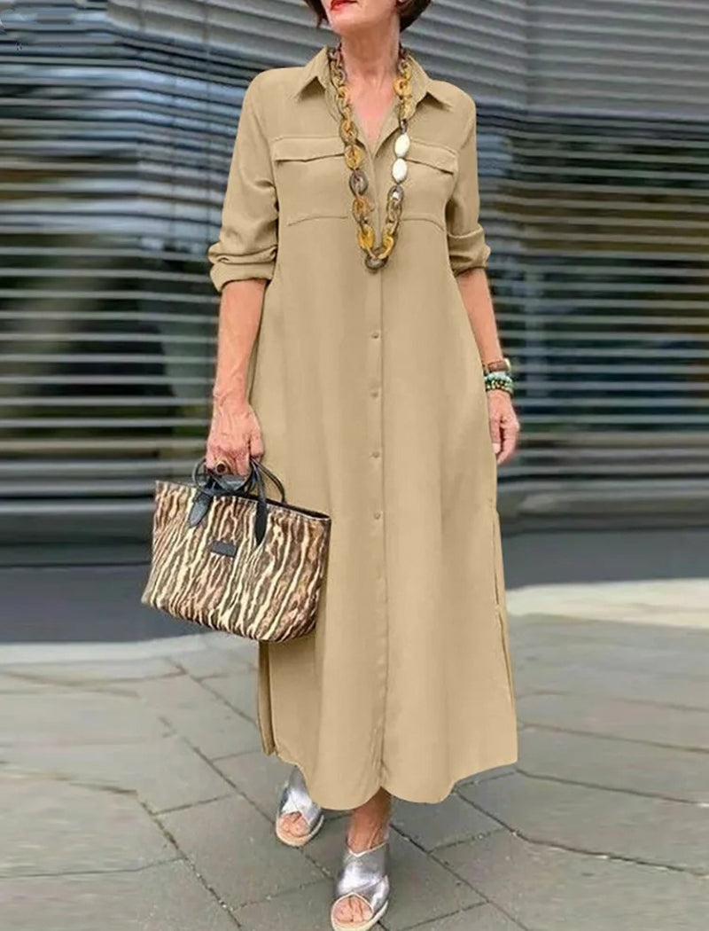 Solid Long Sleeve Buttoned Collar Dress