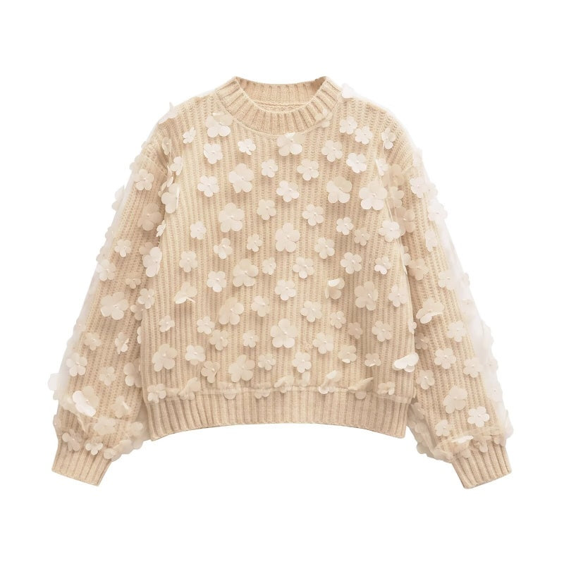 Round Neck Long Sleeve Flower-Decorated Knit Top