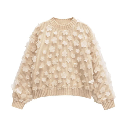 Round Neck Long Sleeve Flower-Decorated Knit Top