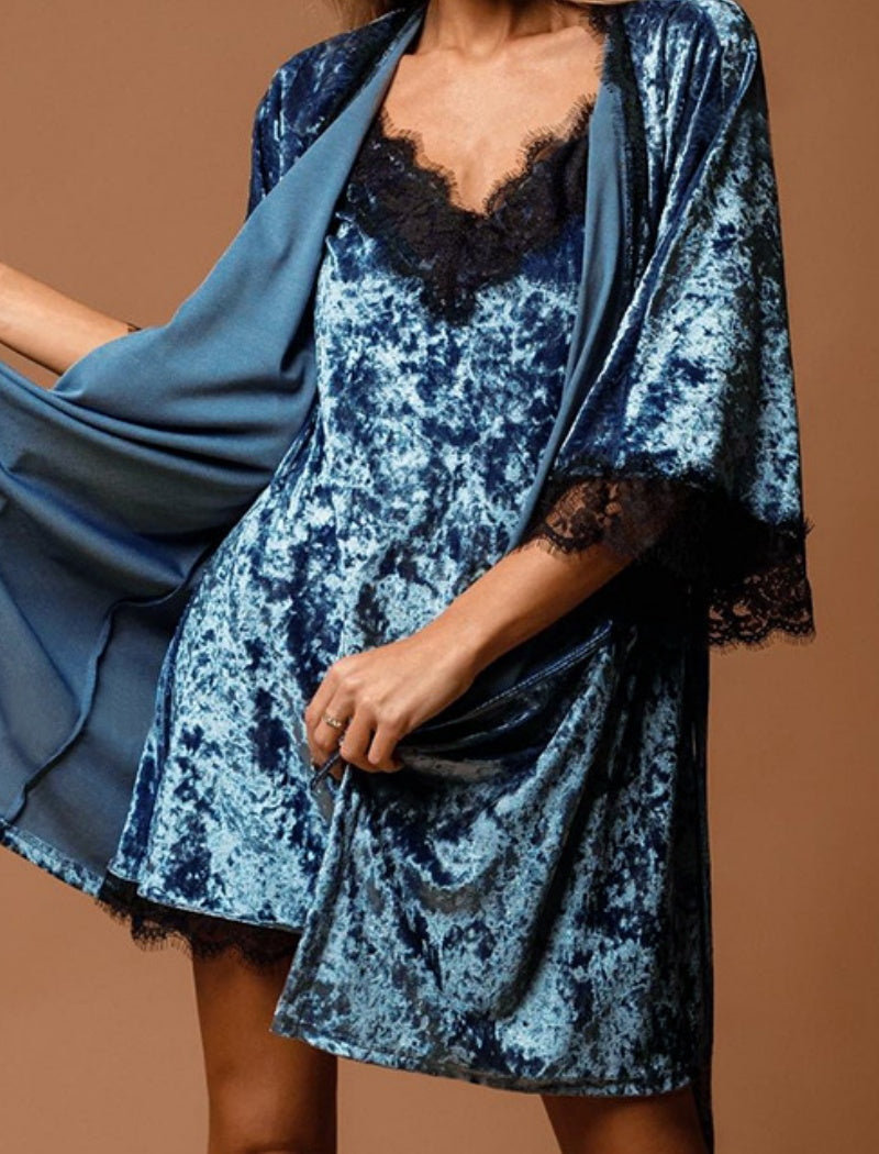 Velvet Lace Trim Robe and Nightgown Set