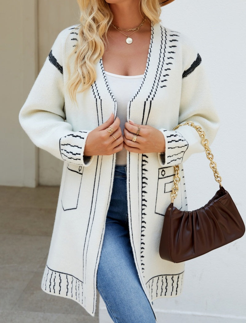 Illustrated Pattern Open-Front Long Cardigan