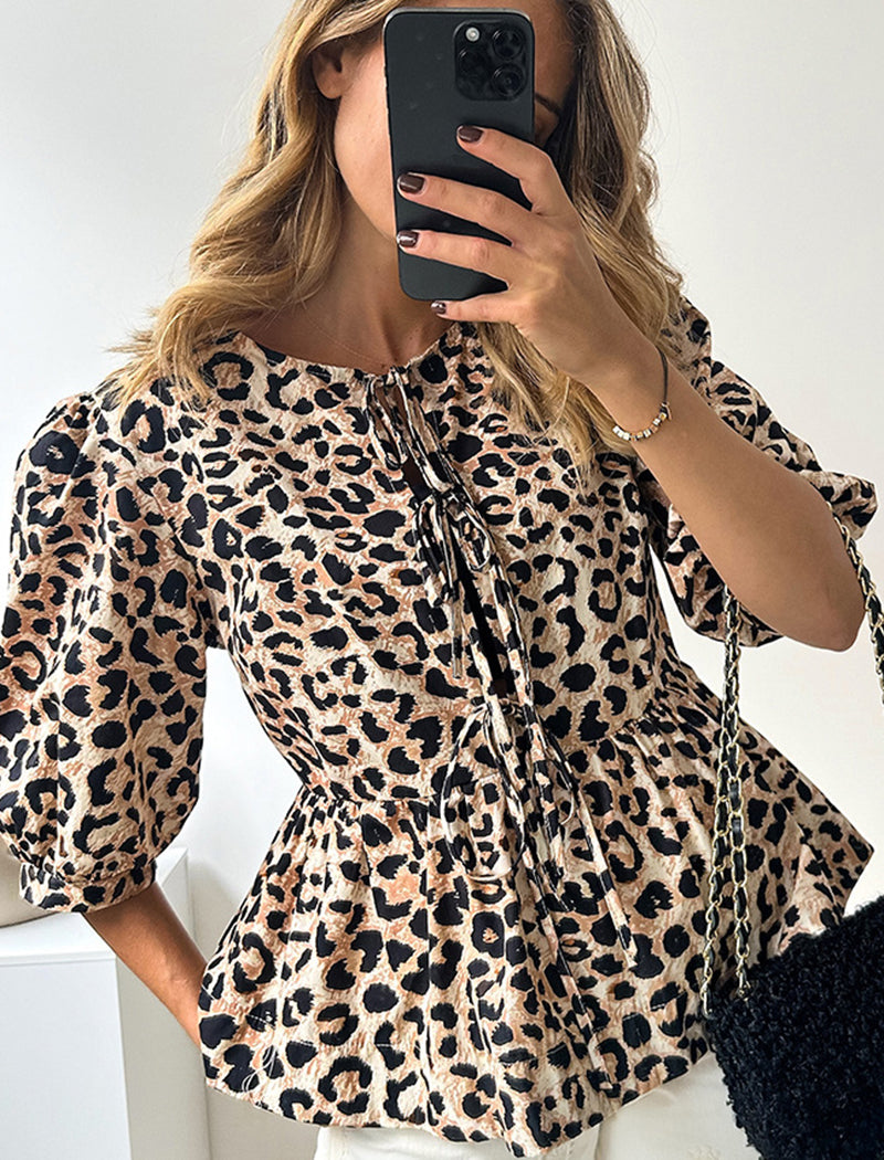 Leopard Print Tie-Front Puff Sleeve Shirt