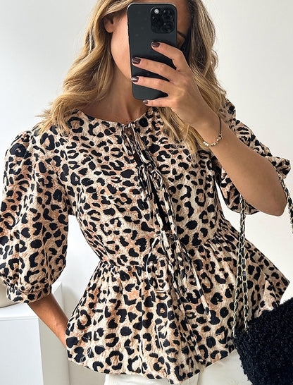 Leopard Print Tie-Front Puff Sleeve Shirt
