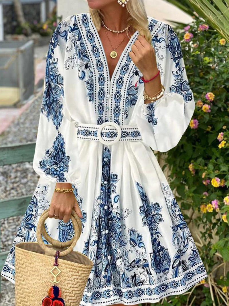 Bohemian V-Neck Belted Dress