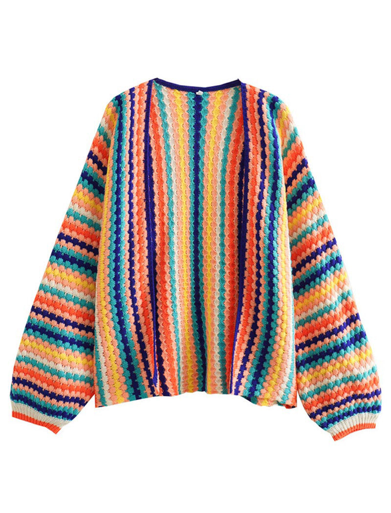 Colorblock Striped Knit Open-Front Sweater