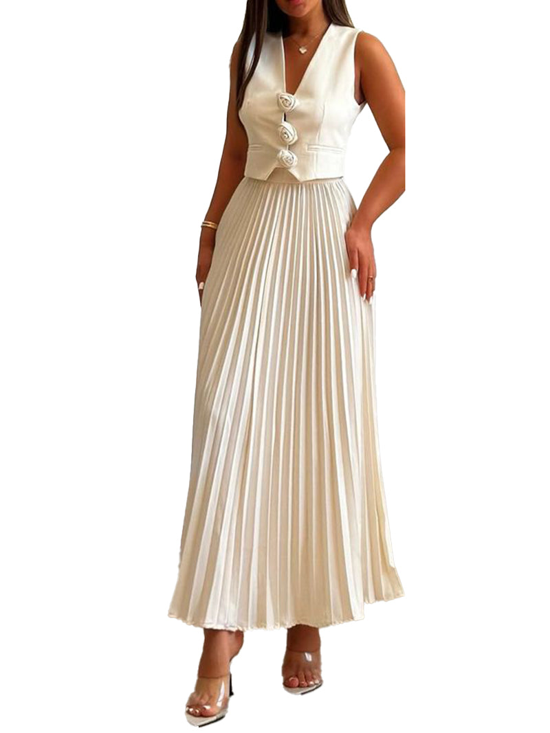 Rosette Vest and Pleated Maxi Skirt Set