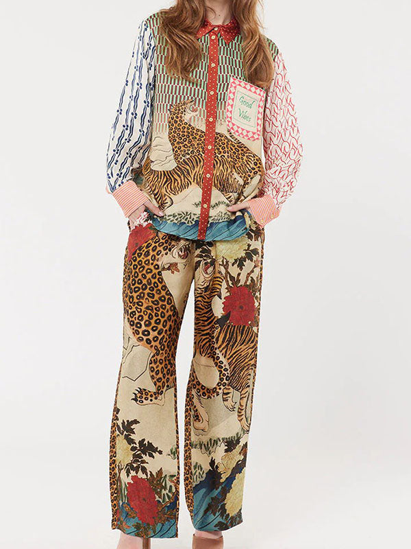 Graphic Button-Up Shirt and Wide-Leg Pants Set