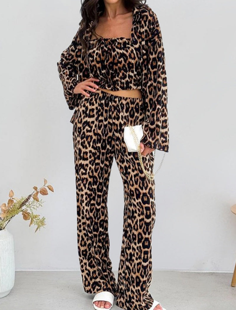 Leopard Print Square Neck Long Sleeve Crop Top and Pants Set