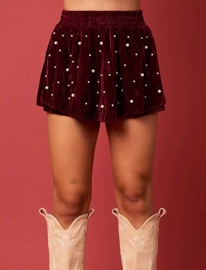 Velvet Mini Shorts with Pearl Embellishments