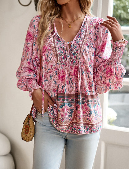 Printed Button-Down V-neck Long Sleeve Top