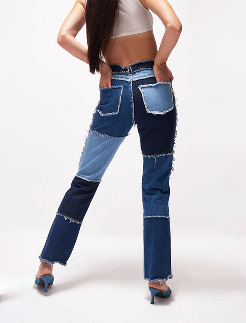 Patchwork Distressed Straight Jeans