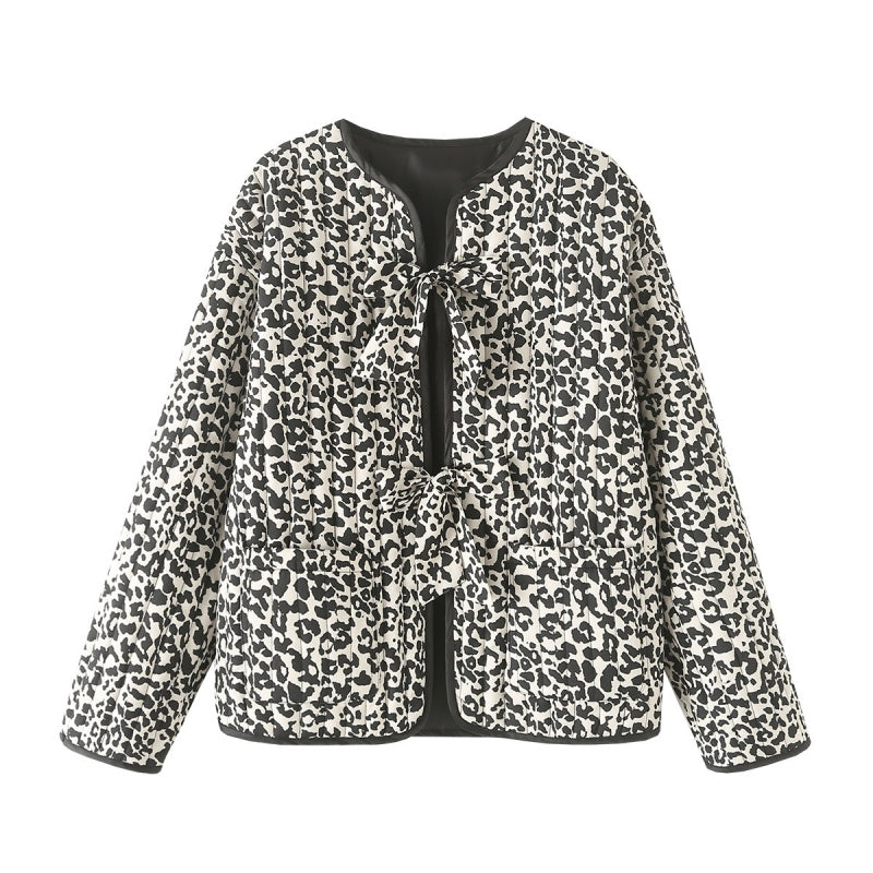 Leopard Print Quilted Coat with Knot Ties