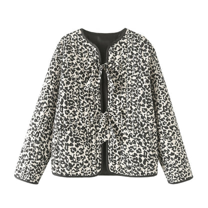 Leopard Print Quilted Coat with Knot Ties