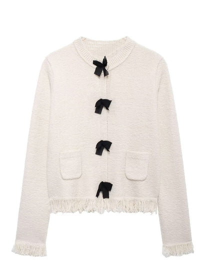 Bow-Detail Fringe Trim Tweed Cardigan