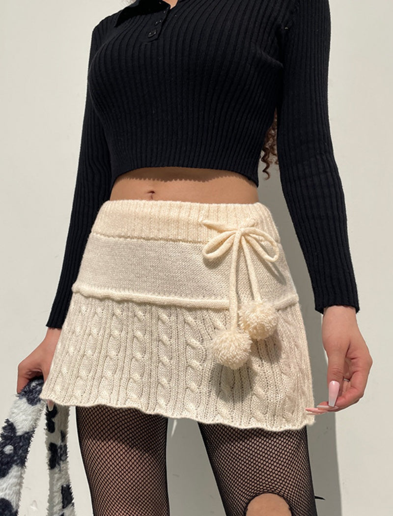 Cable Knit Pom-Pom Mini Skirt