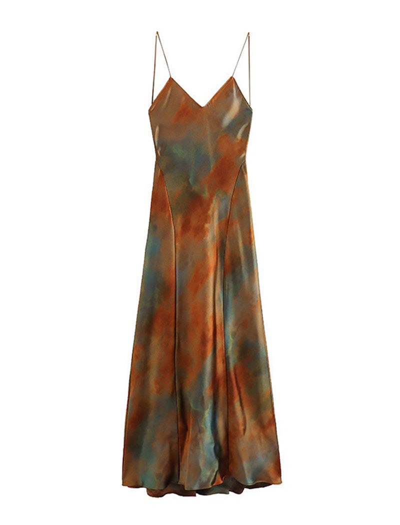 Spaghetti Strap Tie Dye Satin Maxi Dress