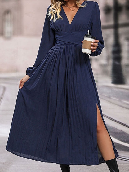 Pleated V-Neck Slit Midi Dress