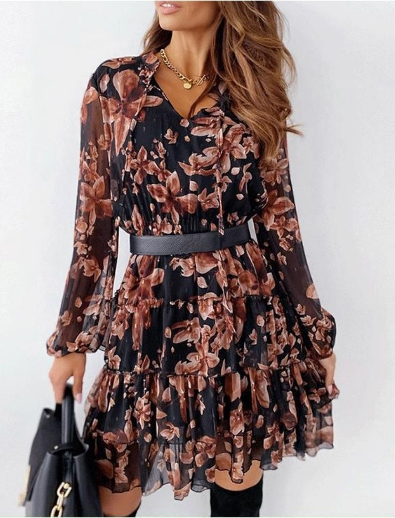 Printed V-Neck Long Sleeve Belted Ruffle Mini Dress