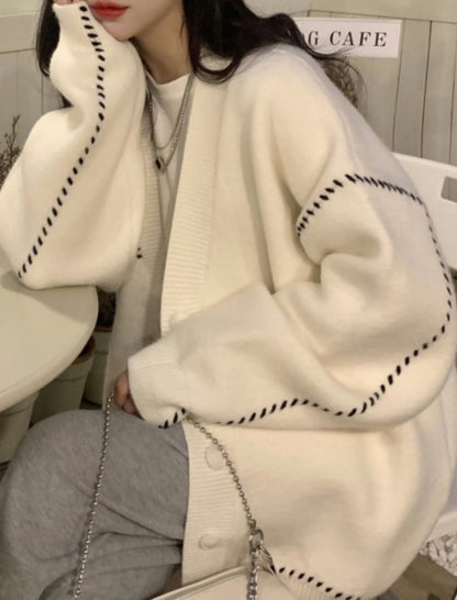 Oversized Button-Up Cardigan with Ribbed Trim [NON-RETURNABLE]