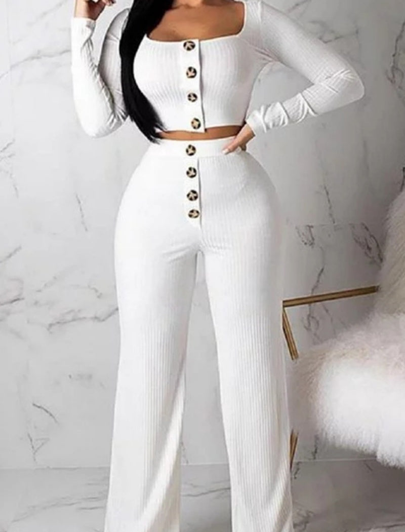 Button-Front Ribbed Two-Piece Set