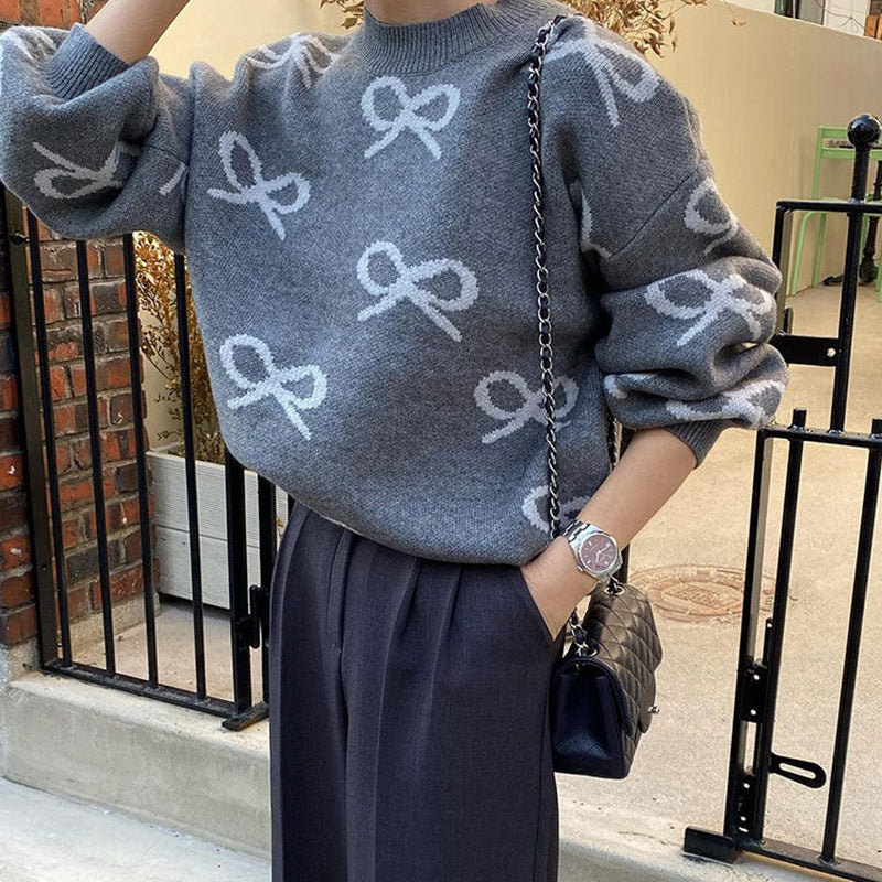 Round Neck Jacquard Bow Tie Long Sleeve Sweater