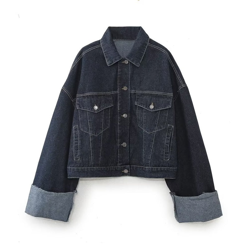 Cropped Denim Jacket with Cuffed Sleeves