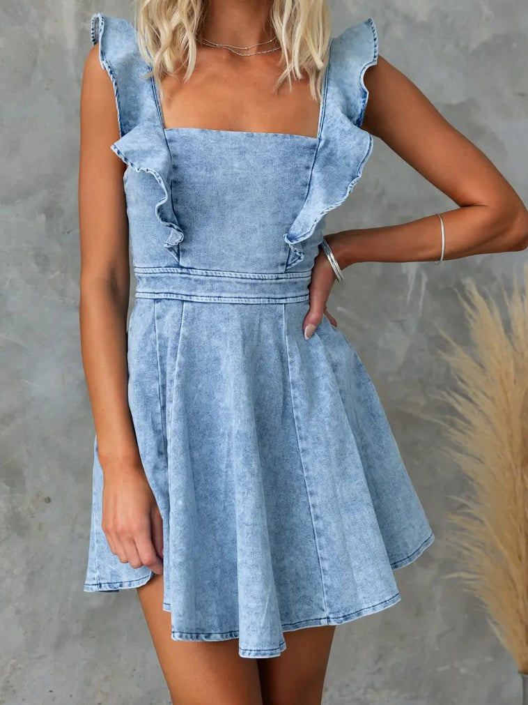 Ruffle Trim Denim Mini Dress