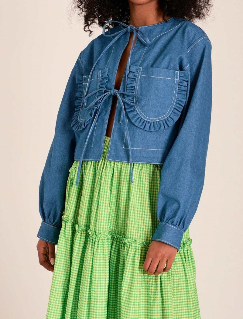 Tie-Front Ruffle Denim Jacket