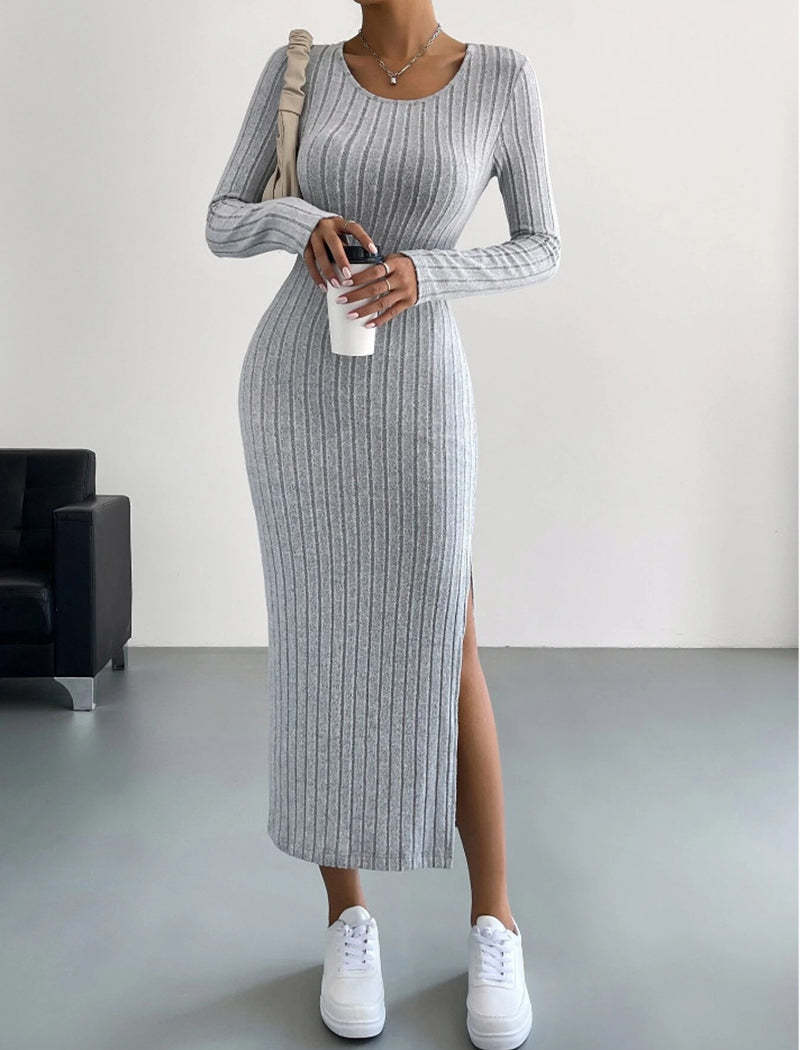 Ribbed Long-Sleeve Slit Maxi Dress