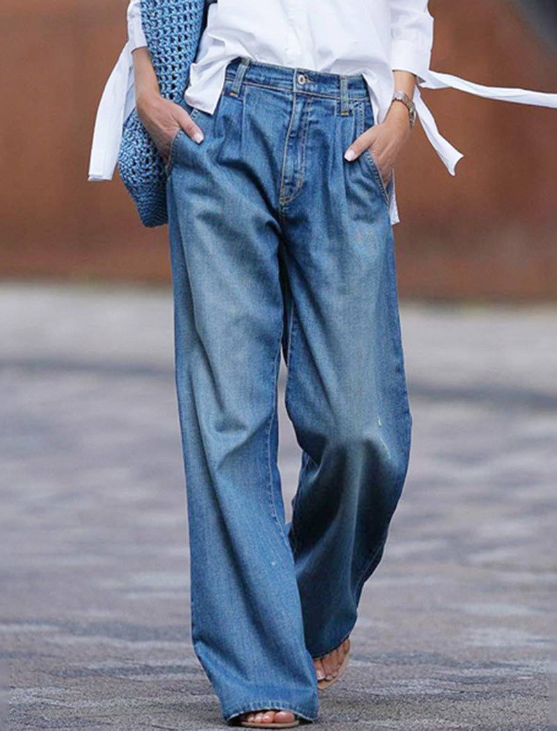 Pleated High-Waisted Denim Pants