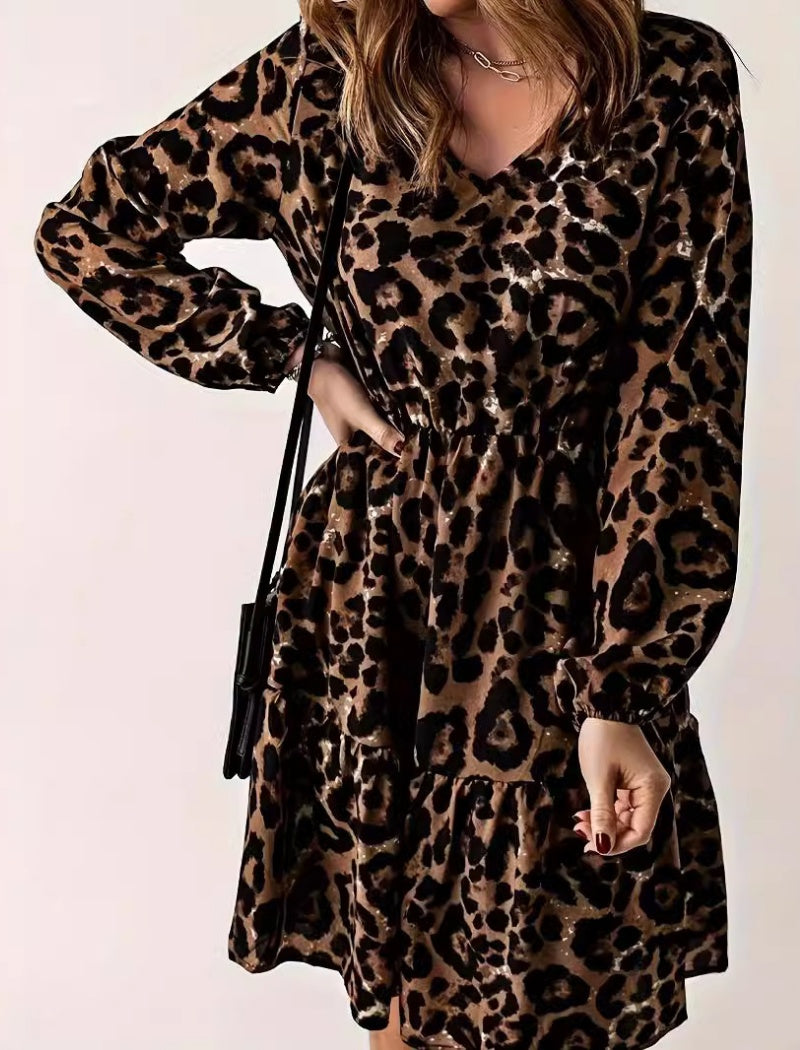 Leopard Print Long Sleeve Tiered Dress