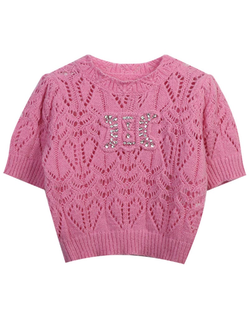 Rhinestone Logo Crochet Knit Top