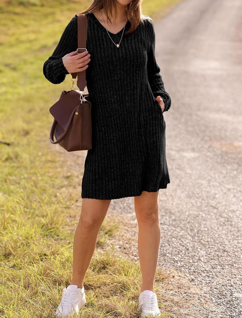 V-Neck Long Sleeve Ribbed Dress