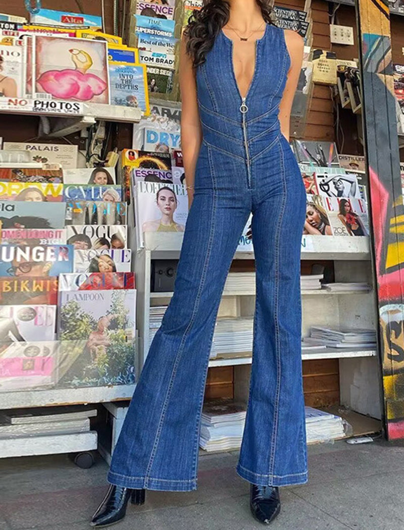 Zip-Front Denim Flared Jumpsuit