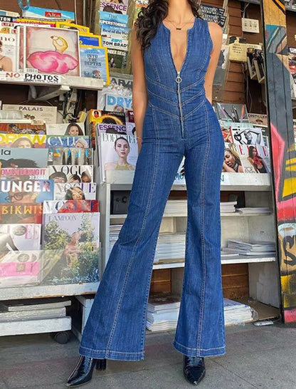 Zip-Front Denim Flared Jumpsuit