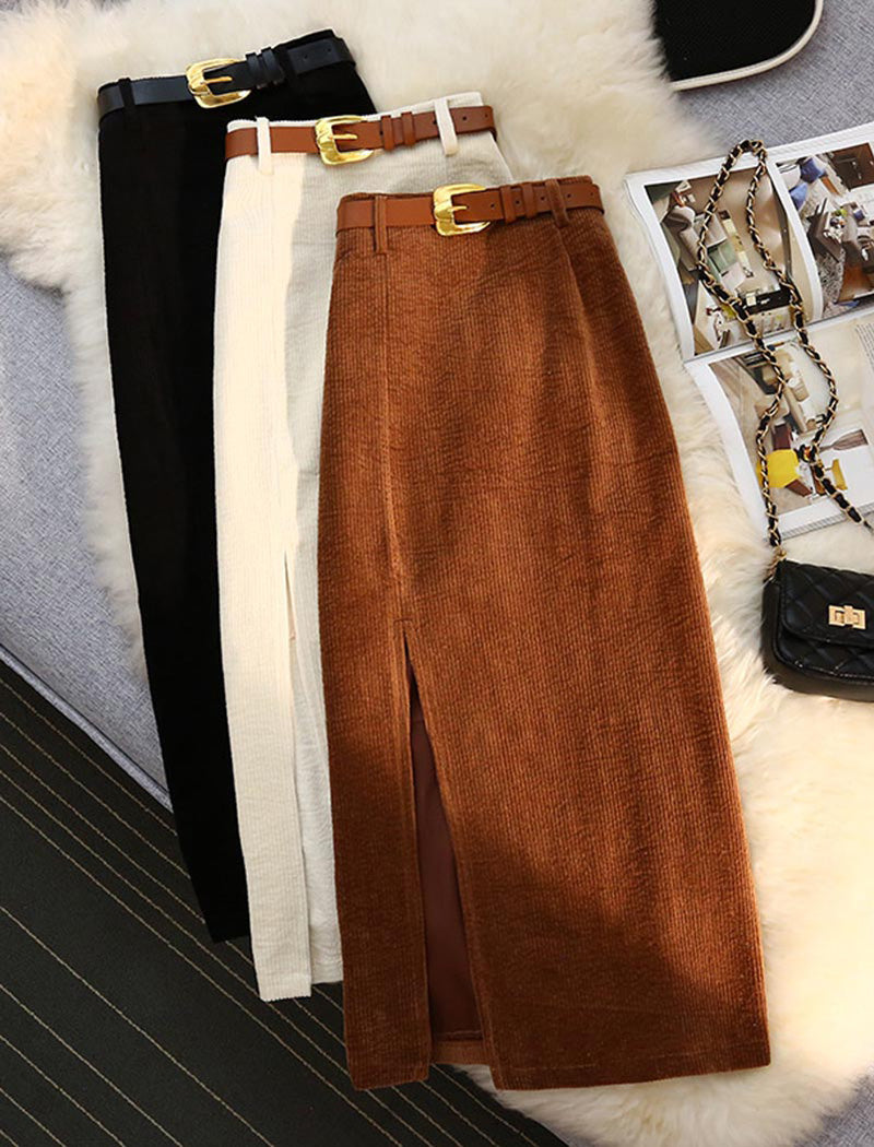 Belted Slit Corduroy Skirt