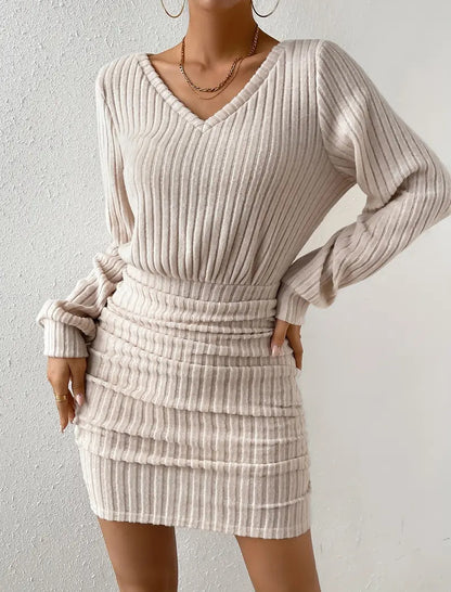 Brushed Ribbed V-Neck Long Sleeve Waist-Cinching Dress